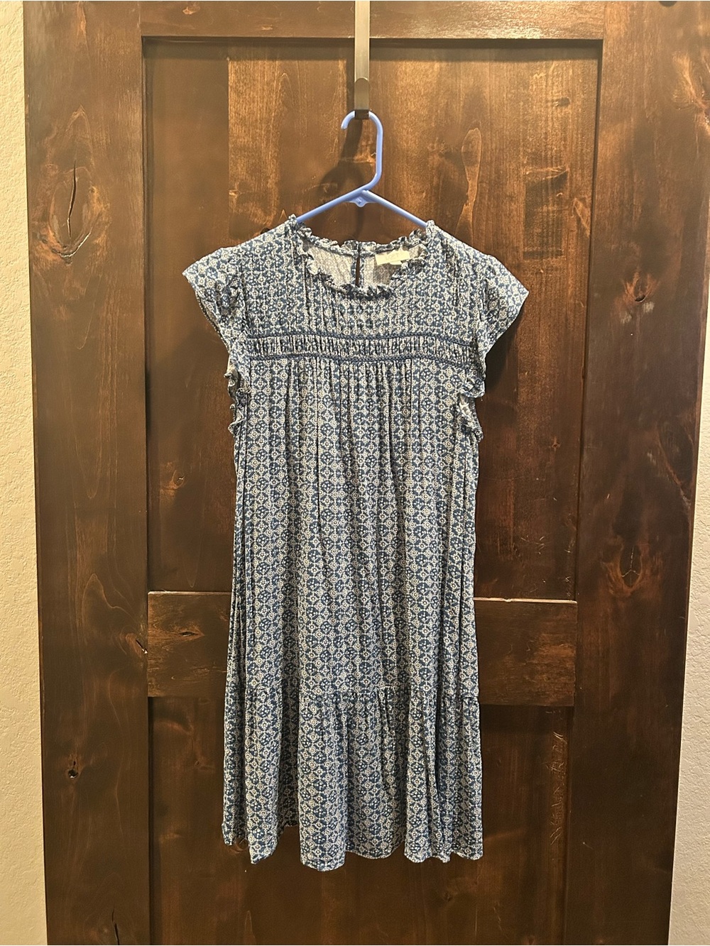 LOFT Light Blue Printed Smocked Midi Dress